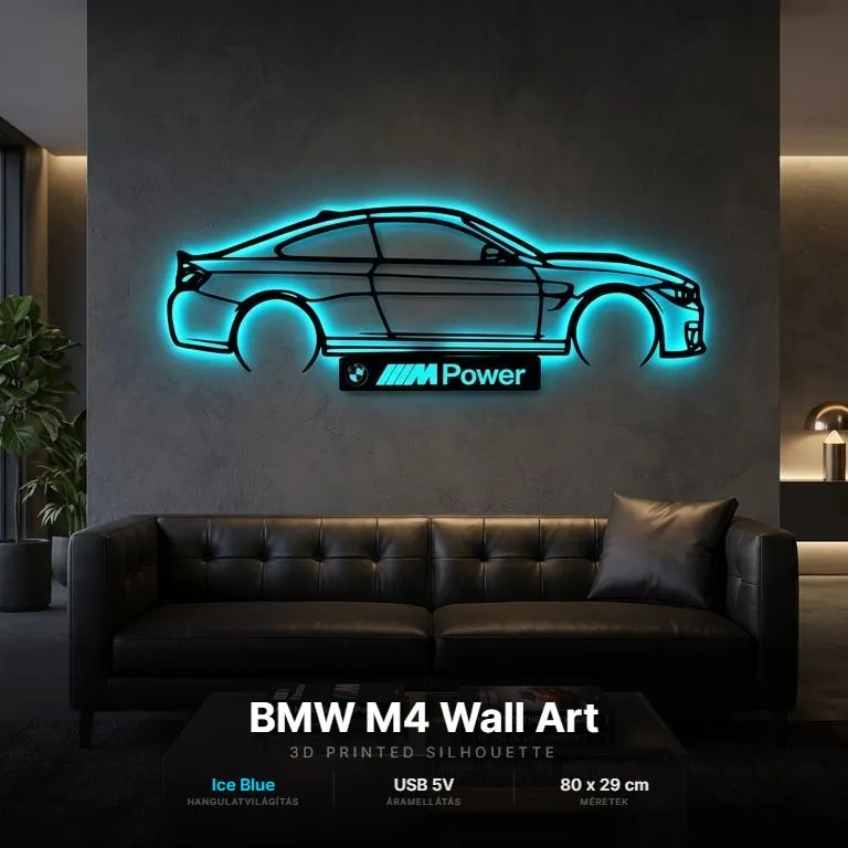 BMW M4 - világító LED autós kép, 3D nyomtatott falidísz