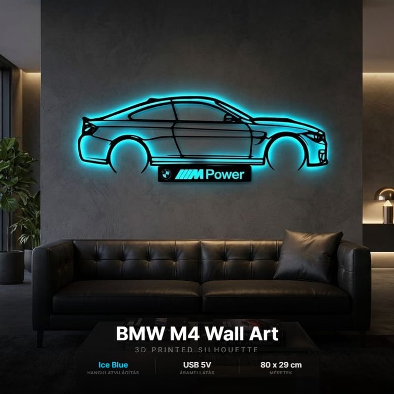BMW M4 - világító LED autós kép, 3D nyomtatott falidísz