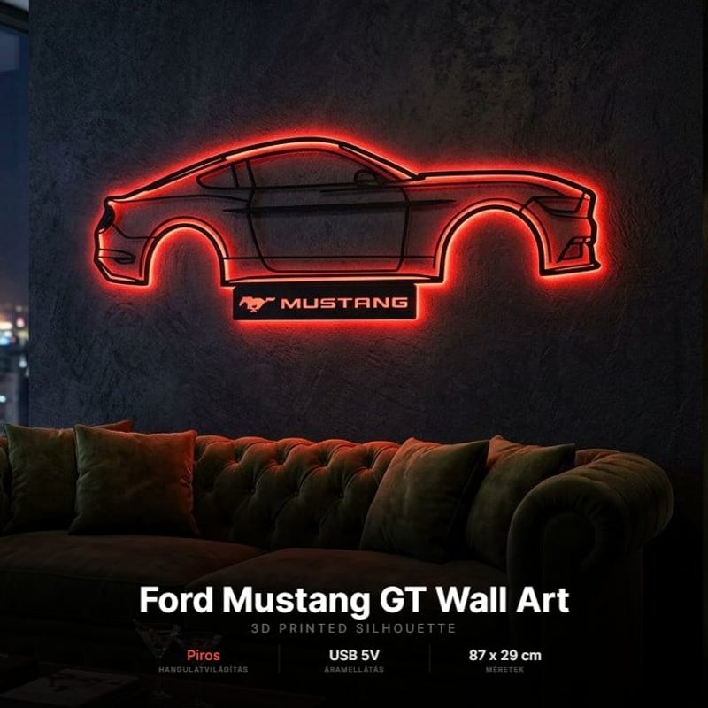 Ford Mustang GT - világító LED autós kép, 3D nyomtatott falidísz