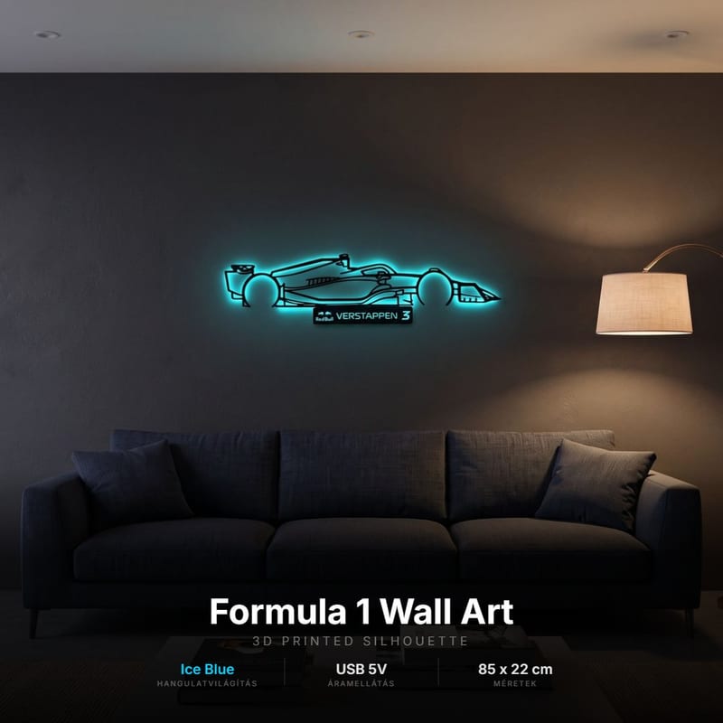 Forma-1 versenyautó - világító LED autós kép egyedi névtáblával, 3D nyomtatott falidísz