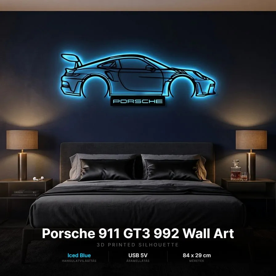 Porsche 911 GT3 - világító LED autós kép, 3D nyomtatott falidísz