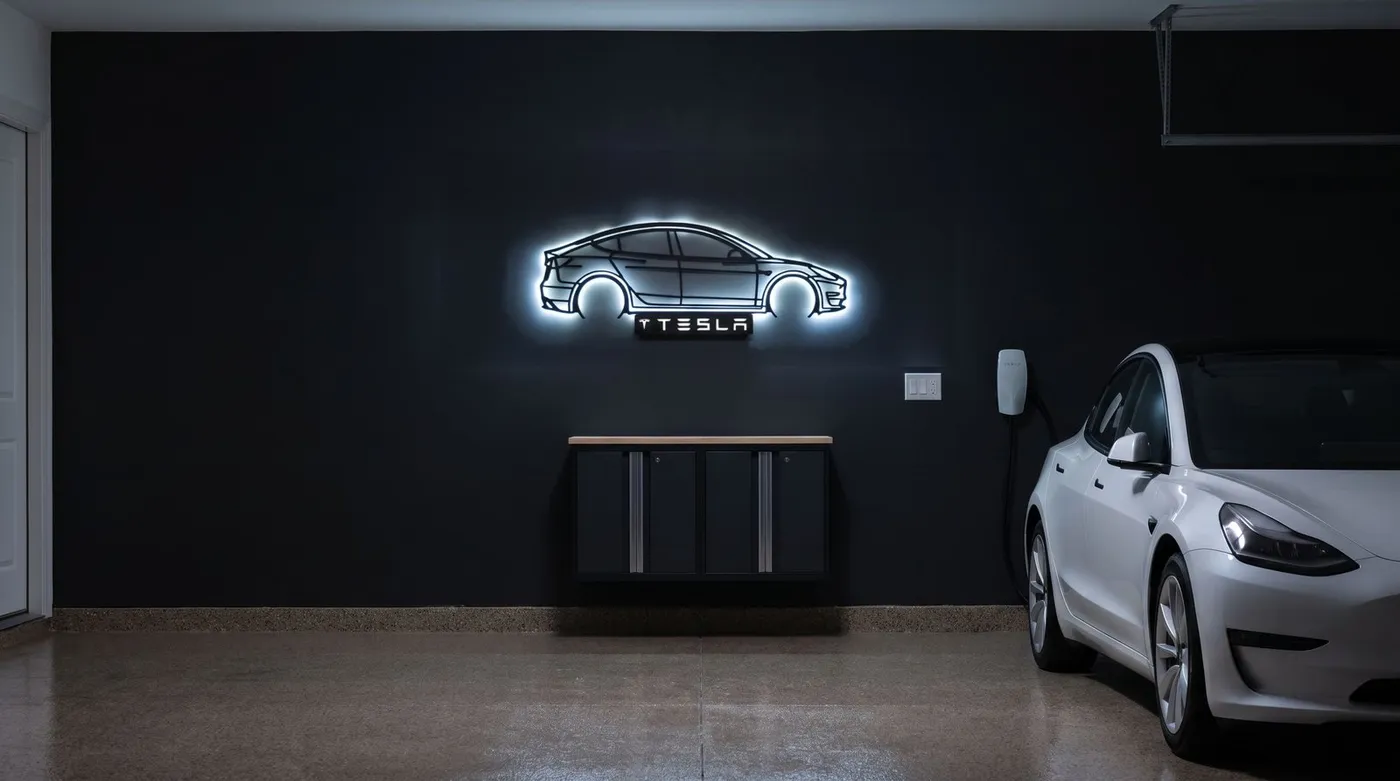 Tesla Model 3 - világító LED autós kép TESLA névtáblával, 3D nyomtatott falidísz