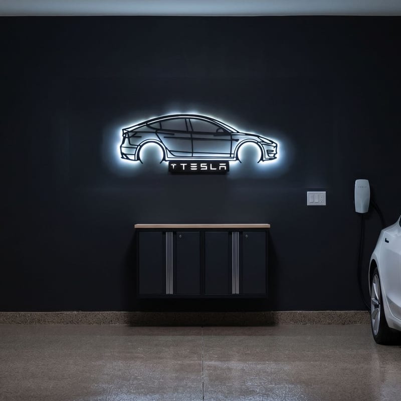 Tesla Model 3 - világító LED autós kép TESLA névtáblával, 3D nyomtatott falidísz